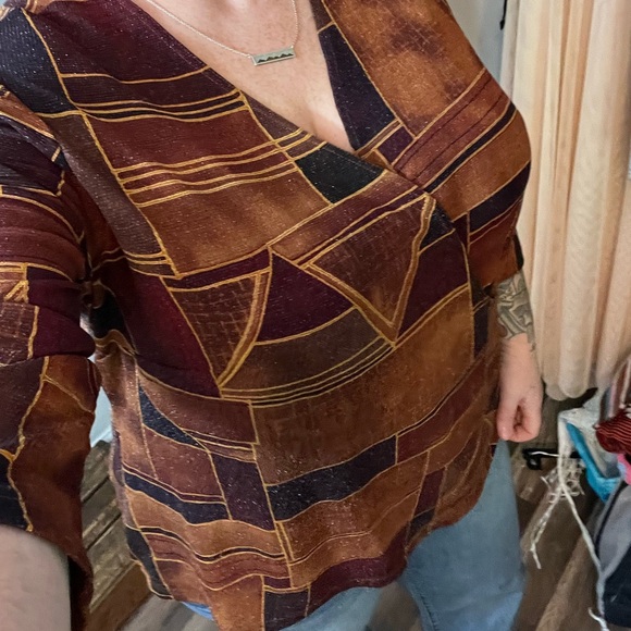 Y2K 3X shirt blouse 22/24 Brown abstract Trending Fall 2024 Twee v-neck wrap top - Picture 10 of 10